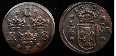 am găsit moneda.<br /> 1/4 Öre -- 1635 - 1636 -- Type II, Date Above Crown -- Type #28<br />Mint: Nyköping and Säter,   References: KM 152.2, SM 123-124<br />29-30 mm, 10.6 gm<br />oricum mi-au fost de folos sfaturile de pe acest forum.<br />multumesc mult.
